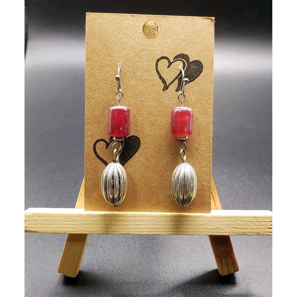 Dangle/Drop/Costume/ Red And Silver Glass & Ceramic Handcrafted Beaded Earrings!